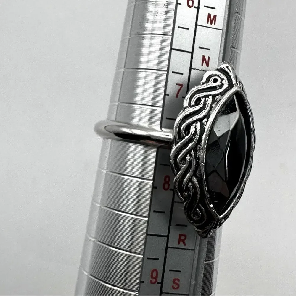Avon Vintage Hematite Marquise Stone Celtic Twist Ring Silvertone faceted Sz 7.5